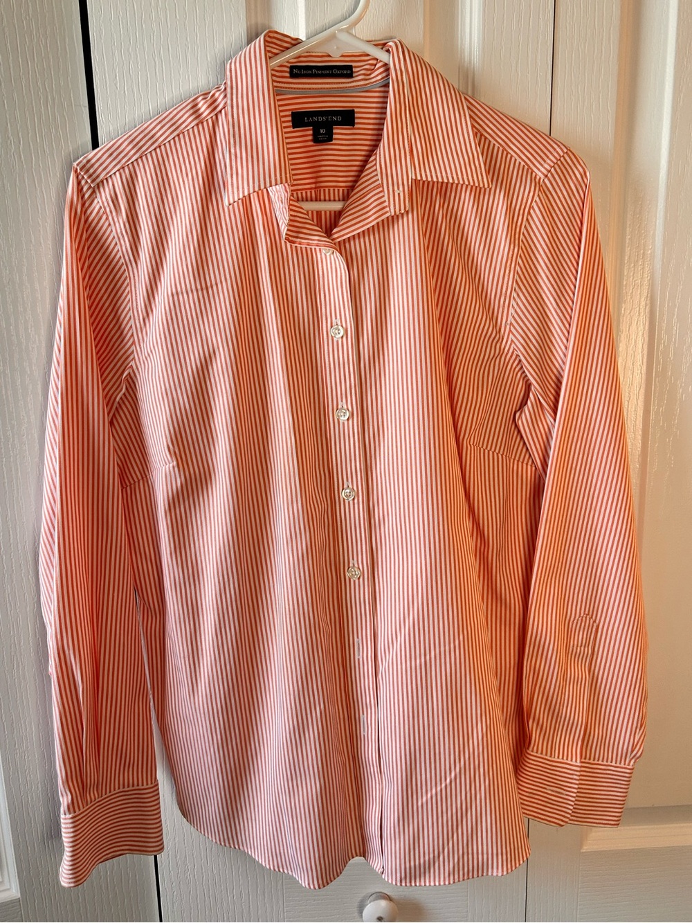 Lands' End Women’s 10 Orange No Iron Pinpoint Oxford Striped Button-Down Shirt